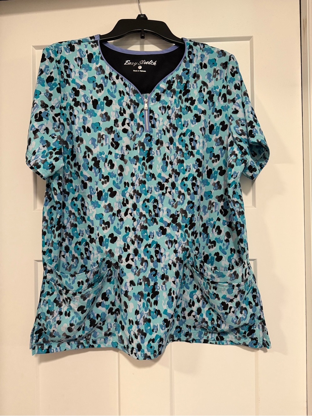 Women's Blue Teal Leopard Print Scrub Top L